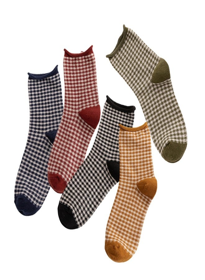 ACGarden Cute Multi Colored Checkered Cotton Crew Socks For Women, Size 5-8, Pack of 5 - Image 4